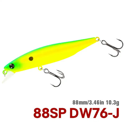 Suspending minnow jerkbait with bright neon yellow body and two treble hooks