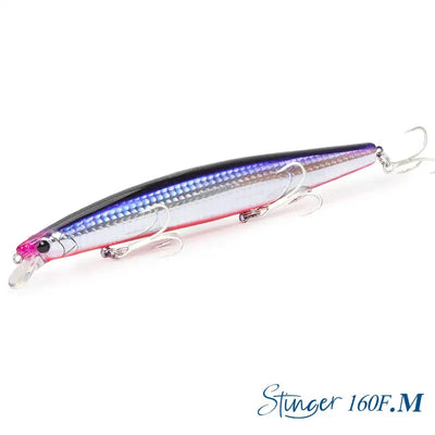 Floating minnow hard body lure, black back with blue scale stripe and white belly