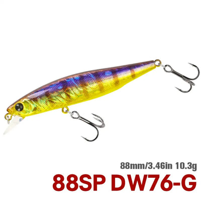 Suspending minnow jerkbait with purple and gold scale pattern and two treble hooks