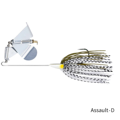Topwater buzzbait lure with silver spinner blade, white/black skirt, yellow head.