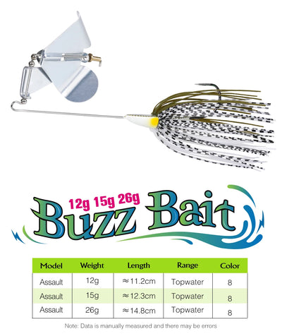 Buzzbait lure with silver blades and white spinner skirt with black speckles, yellow head