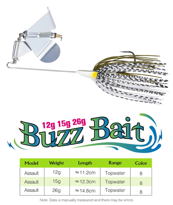 Buzzbait lure with silver blades and white spinner skirt with black speckles, yellow head