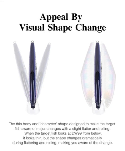 Pair of sinking minnow lures showing shape change, top and side views with rear treble hooks