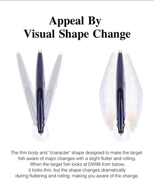 Pair of sinking minnow lures showing shape change, top and side views with rear treble hooks