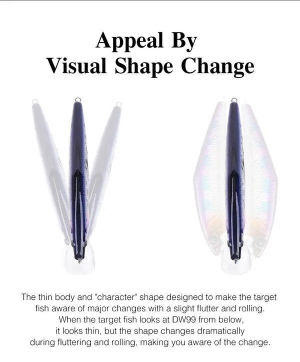 Pair of sinking minnow lures showing shape change, top and side views with rear treble hooks