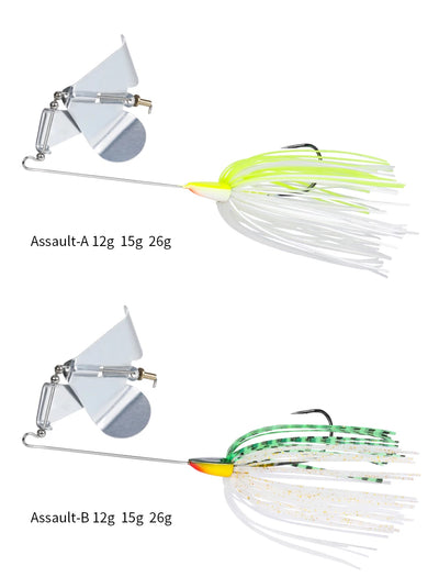 Buzzbait topwater lure with lime-white spinner skirt and green speckled skirt