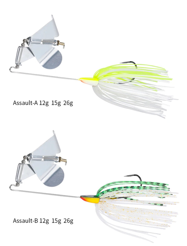 Buzzbait topwater lure with lime-white spinner skirt and green speckled skirt