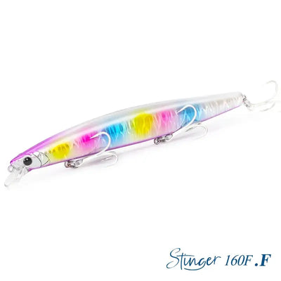 Floating minnow lure, white body with magenta sides and yellow-blue accents, treble hooks