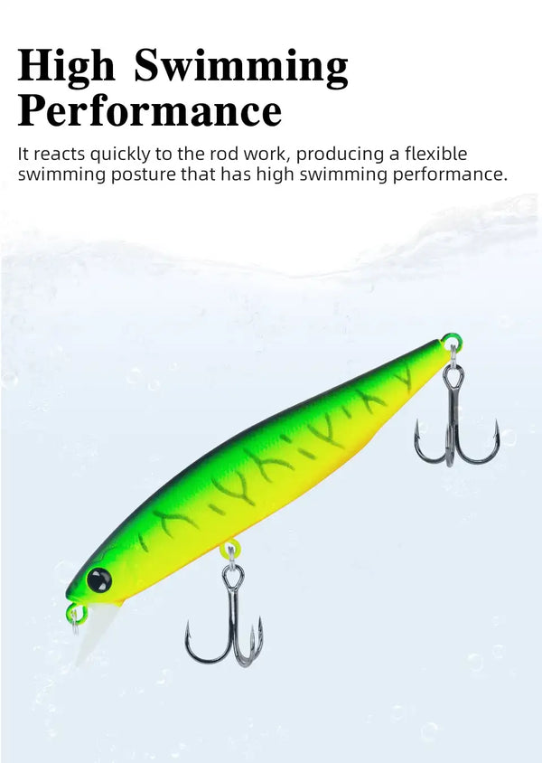 Suspending minnow jerkbait lure in neon green with black eye and two treble hooks