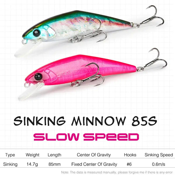 Assorted sinking minnow fishing lures: blue-silver and bright pink with treble hooks