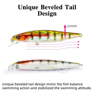 Suspending jerkbait minnow lure with bezeled tail design, yellow-orange patterned body, treble hooks