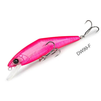 Pink and white sinking fishing lure with black eye and two treble hooks, DW99-F