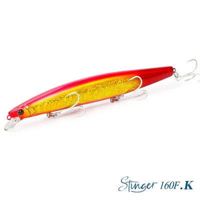 Floating minnow lure, red and gold body with sparkling yellow belly, treble hooks