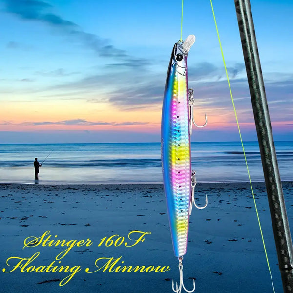 Floating minnow hard body lure, iridescent blue-green and pink body with treble hooks