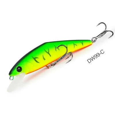 Neon green sinking minnow fishing lure with orange underside, treble hooks, DW99-C