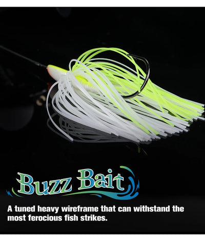Buzzbait topwater lure with white and neon-green spinner skirt