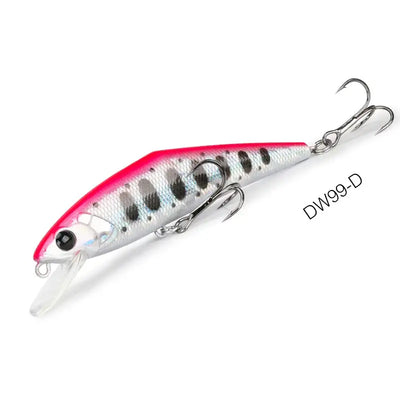 Silver and pink sinking fishing lure with black dot pattern, black eye, DW99-D