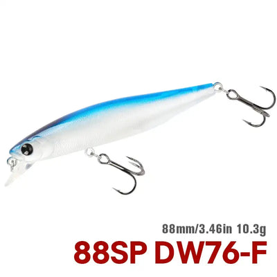 Suspending minnow jerkbait with blue and white body and two treble hooks