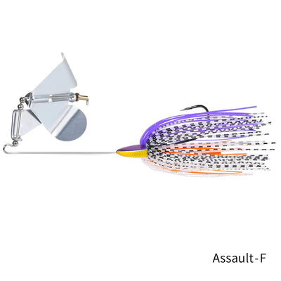Buzzbait topwater lure with silver head and purple-white spinner skirt