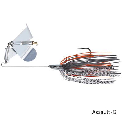 Topwater buzzbait lure with silver spinner blade, white/black skirt with orange accents.