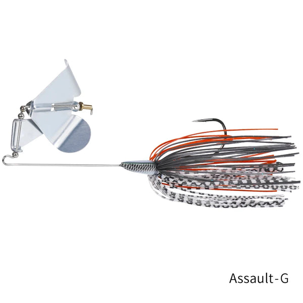 Topwater buzzbait lure with silver spinner blade, white/black skirt with orange accents.