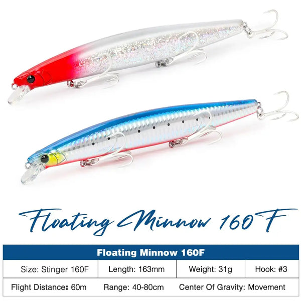 Floating minnow hard body lure pair: red-white and blue-white with clear treble hooks