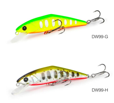 Bright green and yellow minnow fishing lures with silver treble hooks
