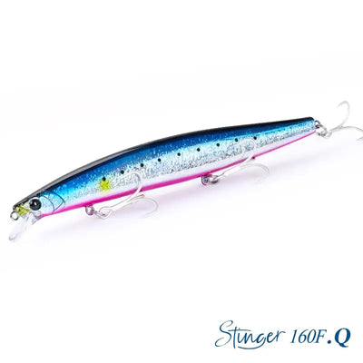 Floating minnow lure, blue back with purple glitter sides and speckled pattern, treble hooks