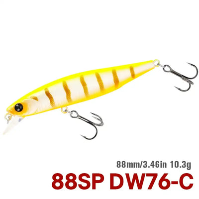Suspending minnow jerkbait with white and gold stripe pattern and two treble hooks