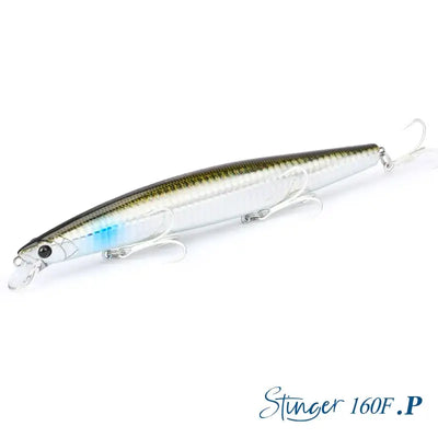 Floating minnow hard body lure, white body with dark back and blue highlights, treble hooks