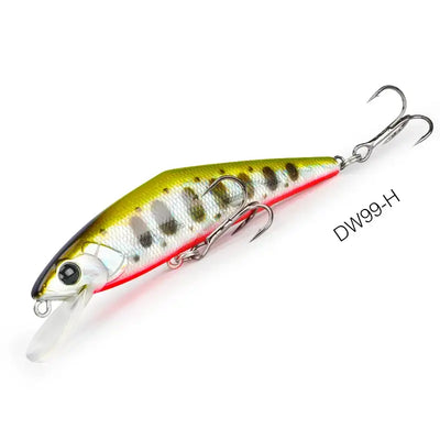 Yellow-green and white sinking fishing lure with red stripe, black eye, DW99-H