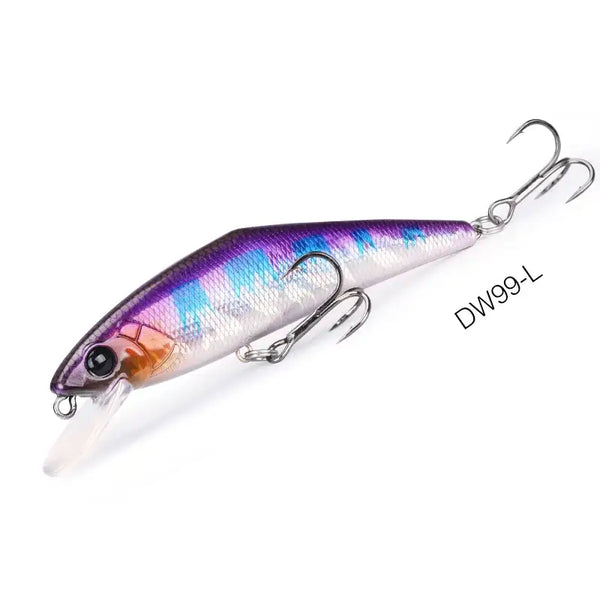 Purple-silver sinking minnow fishing lure with treble hooks, DW99-L