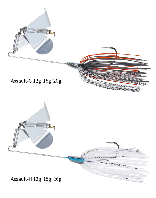 Buzzbait topwater lure with orange-red spinner skirt and white spinner skirt with blue accent