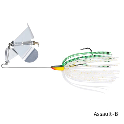 Topwater buzzbait lure with silver spinner blade, white skirt with green strands, yellow head.