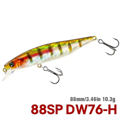 Suspending minnow jerkbait with gold silver striped body and two treble hooks