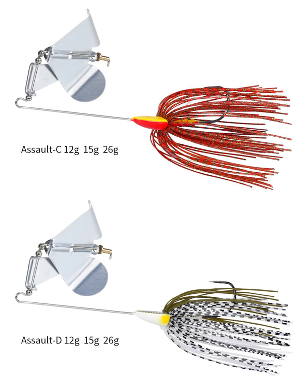 Buzzbait topwater lure with silver head and red spinner skirt, plus speckled skirt