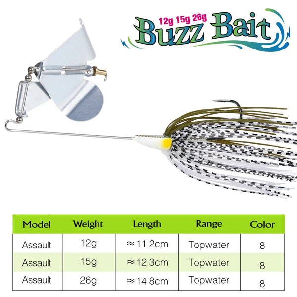 Topwater buzzbait with silver blades and white-and-black spinner skirt, yellow head