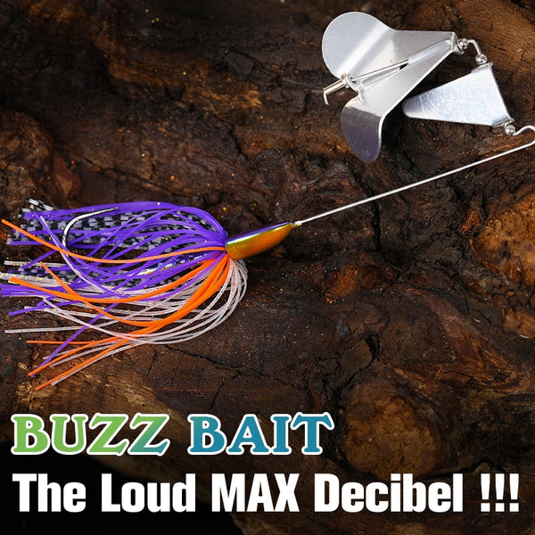 Topwater buzzbait with silver blades and purple-and-orange spinner skirt with yellow head
