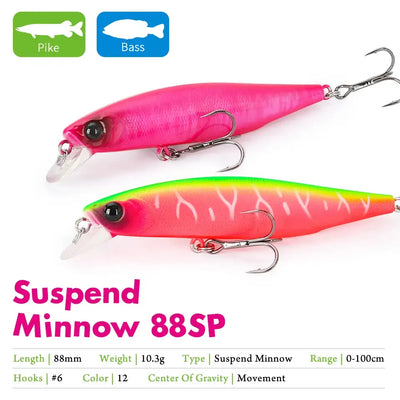 Suspending minnow jerkbait with bright pink and red gradient body, clear lip, treble hooks