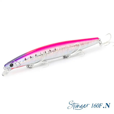 Floating minnow lure, metallic silver with pink-to-purple stripe and treble hooks