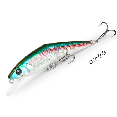 Iridescent white teal-head sinking minnow fishing lure with treble hooks, DW99-B