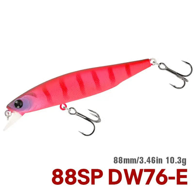 Suspending minnow jerkbait with red and darker red stripes and two treble hooks