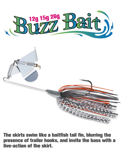 Buzzbait topwater lure with silver head and red-orange spinner skirt
