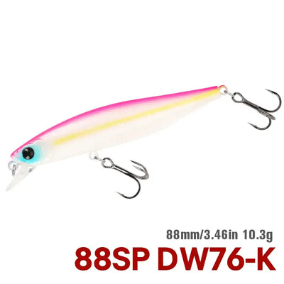 Suspending minnow jerkbait with pink gradient body and two treble hooks