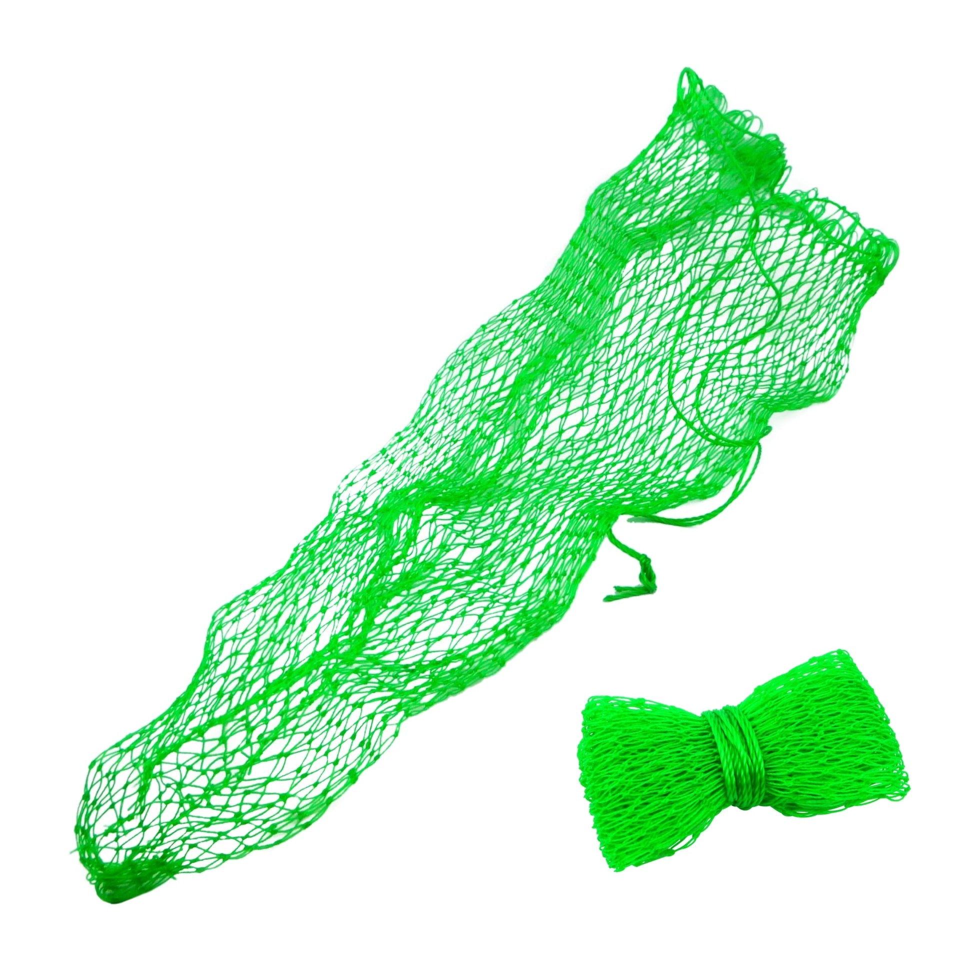 Green mesh fish holding bag with drawstring closure and knot bow