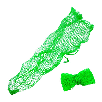 Green mesh fish holding bag with drawstring closure and knot bow