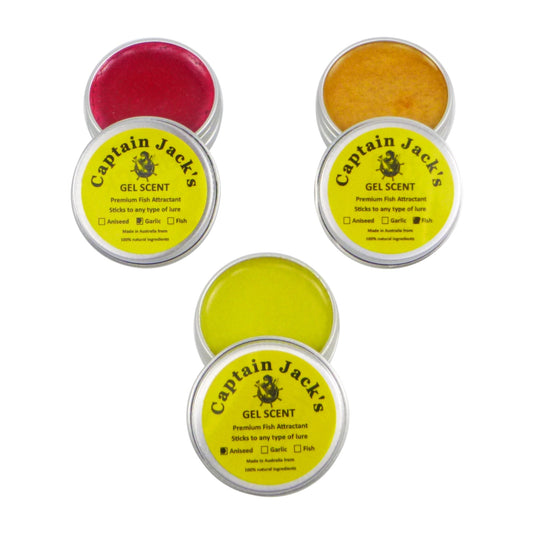 Captain Jack's gel scent tins, round metal containers with red, amber, and yellow gel tops
