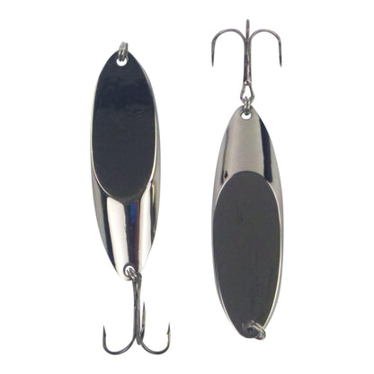 Fishing lure spoon set of two, chrome with dark oval body and treble hooks