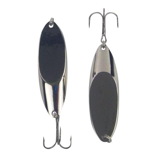Fishing lure spoon set of two, chrome with dark oval body and treble hooks