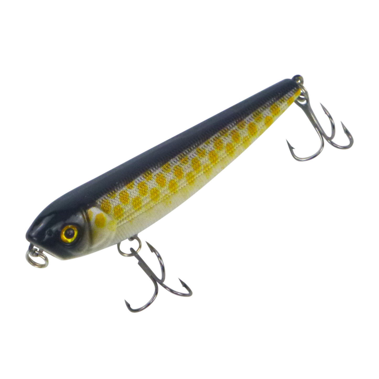 Surface walking fishing lure, dark blue with yellow checkered stripe, two treble hooks